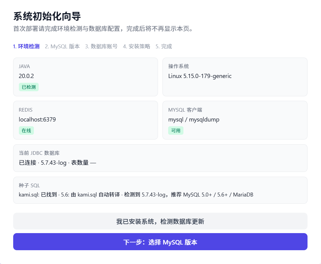 系统初始化向导 - 环境检测界面